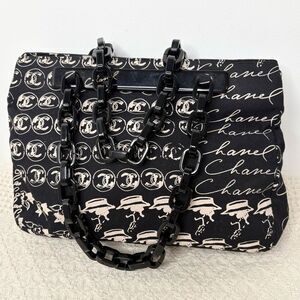 Y2K Vintage CHANEL Canvas Camellia Flower Tote Authentic Acrylic Chain Strap